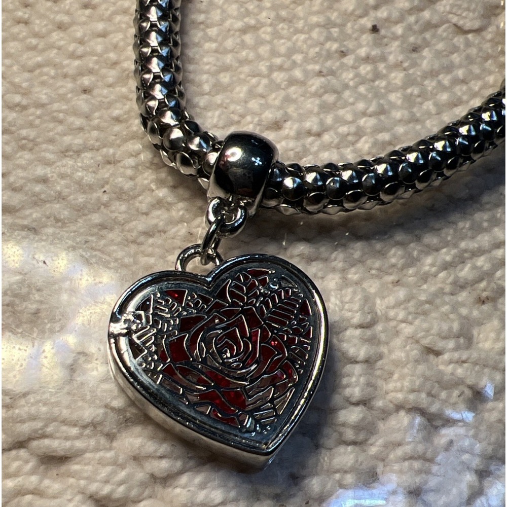 Silver rose, charm, bracelet Popcorn Chain Heart Flower rhinestone Silver Plated